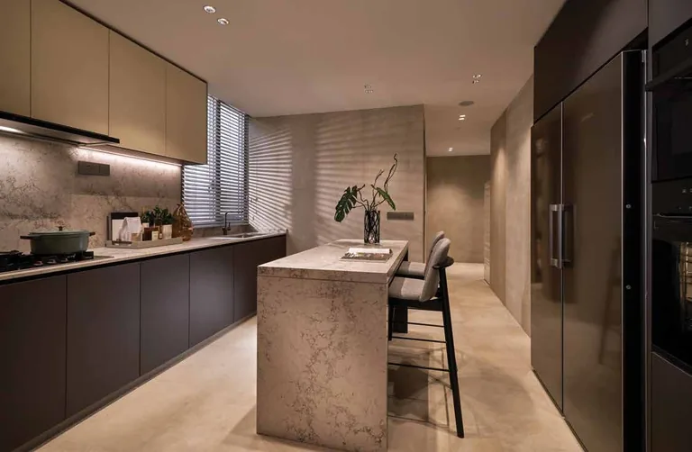 Promenade Peak interior, for illustration only: the kitchen of a four-bedroom premium home, with an island counter and full-height cabinetry
