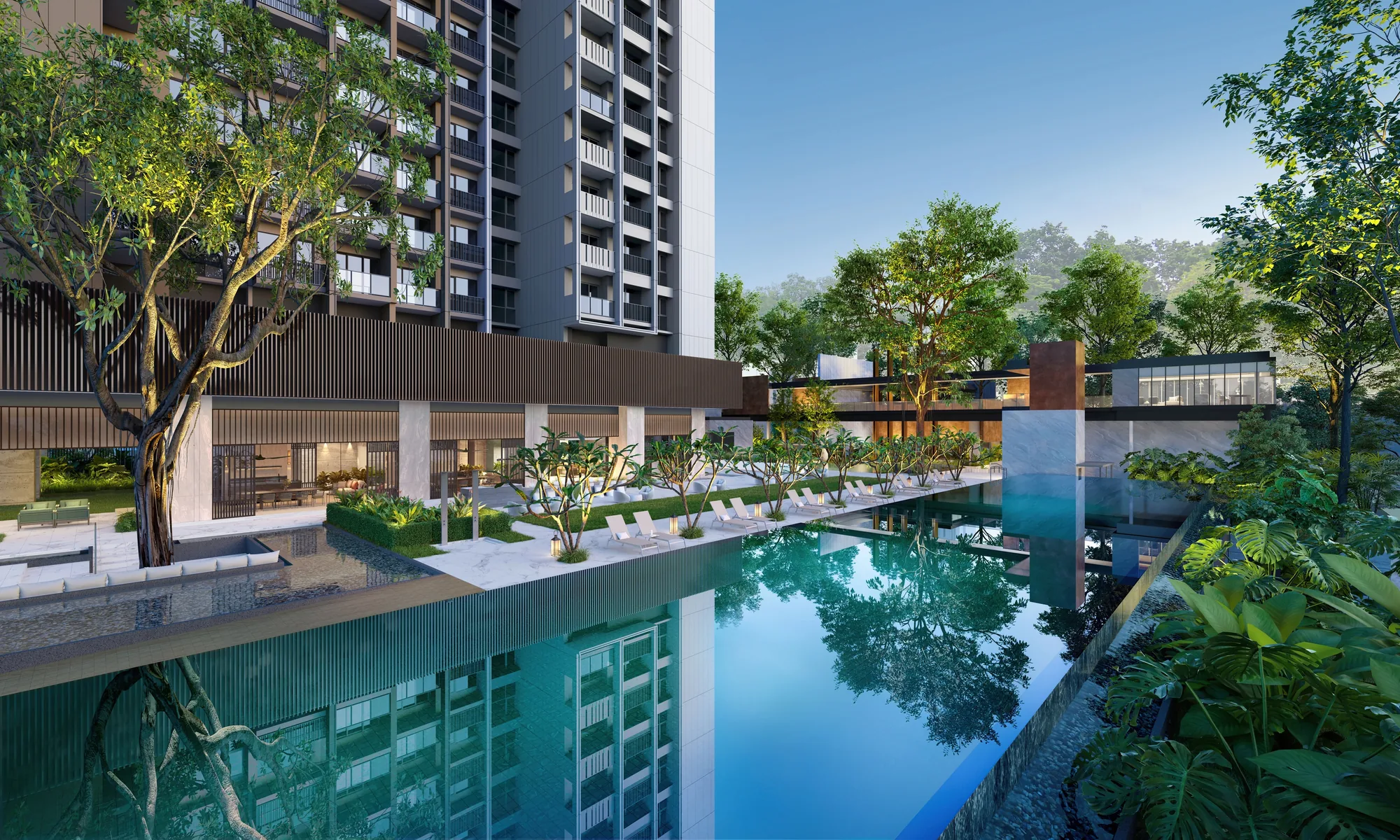 Promenade Peak, artist’s impression: the 50-metre lap pool of the Grand Promenade, with loungers under frangipani trees and the tower reflected in the water