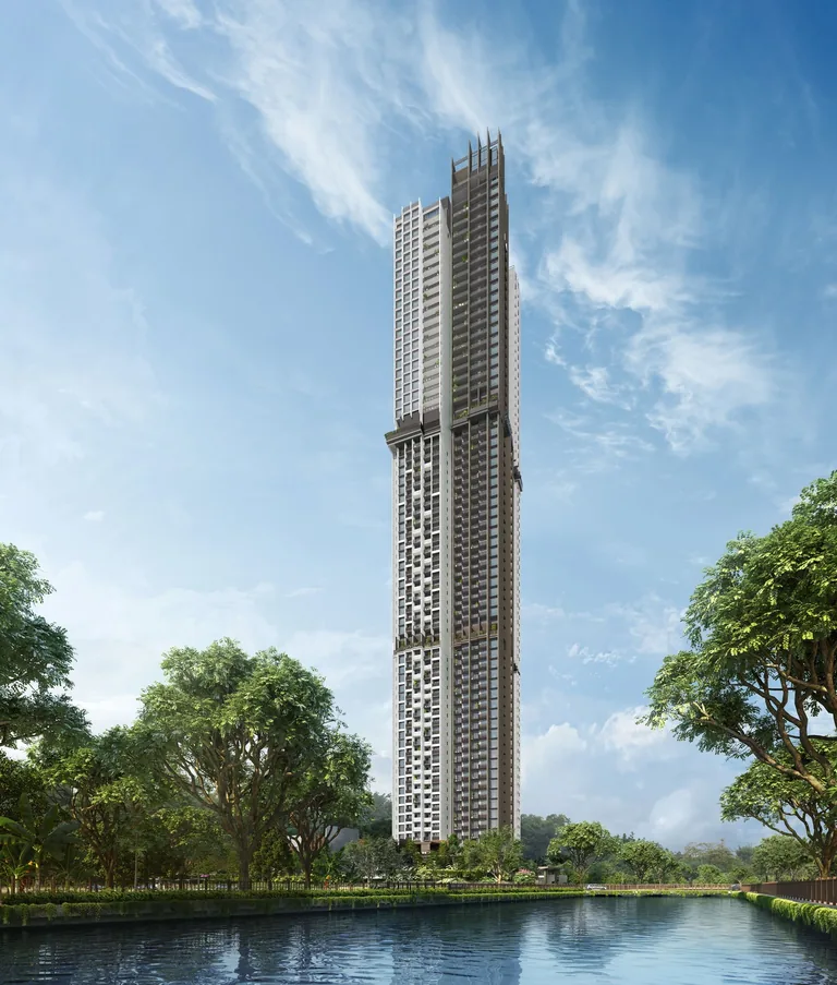 Promenade Peak, artist’s impression: the full height of the 63-storey tower by day, framed by rain trees, seen across the still water of the Singapore River