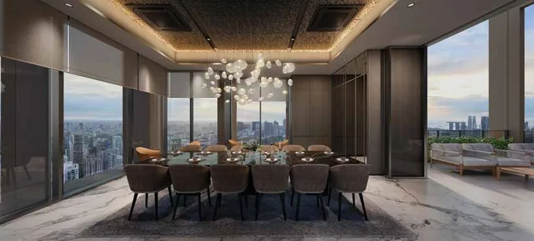 Promenade Peak, artist’s impression: a private dining room at the Sky Peak, a long table under a sculpted ceiling with floor-to-ceiling windows
