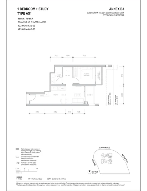 Promenade Peak floor plan, Type AS1 (Promenade Collection): 1 bedroom + study, 49 sq m (527 sq ft) including a 4 sq m balcony, 40 homes in stack 06, 2nd to 21st and 23rd to 42nd storey (developer drawing with key plan)
