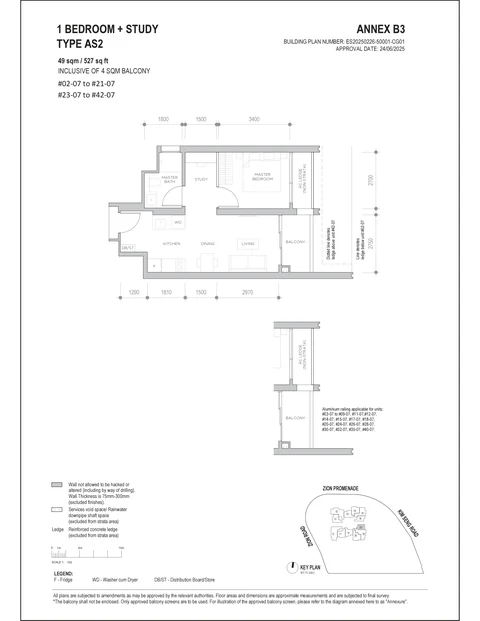 Promenade Peak floor plan, Type AS2 (Promenade Collection): 1 bedroom + study, 49 sq m (527 sq ft) including a 4 sq m balcony, 40 homes in stack 07, 2nd to 21st and 23rd to 42nd storey (developer drawing with key plan)
