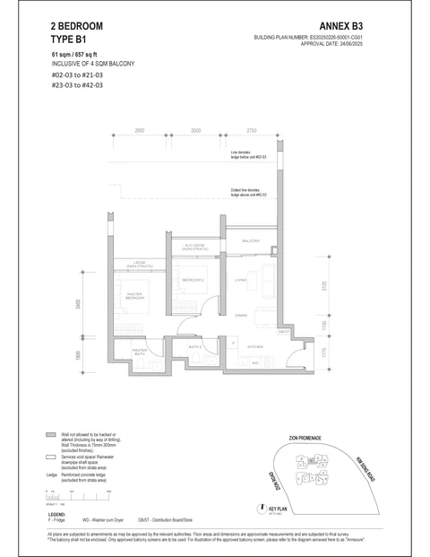 Promenade Peak floor plan, Type B1 (Promenade Collection): 2 bedrooms, 61 sq m (657 sq ft) including a 4 sq m balcony, 40 homes in stack 03, 2nd to 21st and 23rd to 42nd storey (developer drawing with key plan)