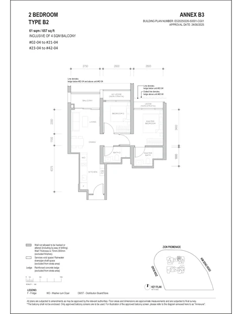 Promenade Peak floor plan, Type B2 (Promenade Collection): 2 bedrooms, 61 sq m (657 sq ft) including a 4 sq m balcony, 40 homes in stack 04, 2nd to 21st and 23rd to 42nd storey (developer drawing with key plan)