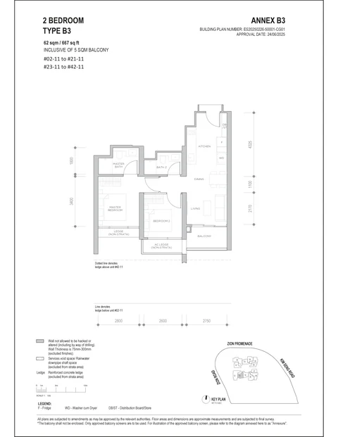 Promenade Peak floor plan, Type B3 (Promenade Collection): 2 bedrooms, 62 sq m (667 sq ft) including a 5 sq m balcony, 40 homes in stack 11, 2nd to 21st and 23rd to 42nd storey (developer drawing with key plan)