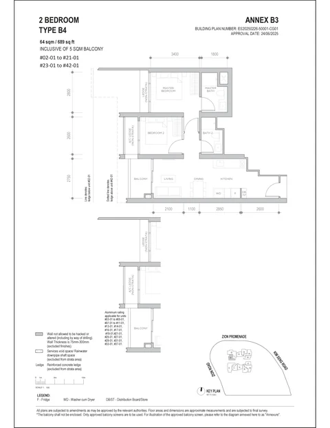 Promenade Peak floor plan, Type B4 (Promenade Collection): 2 bedrooms, 64 sq m (689 sq ft) including a 5 sq m balcony, 40 homes in stack 01, 2nd to 21st and 23rd to 42nd storey (developer drawing with key plan)