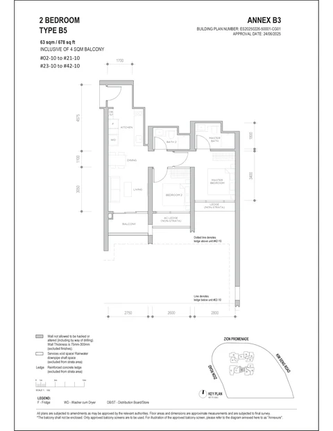 Promenade Peak floor plan, Type B5 (Promenade Collection): 2 bedrooms, 63 sq m (678 sq ft) including a 4 sq m balcony, 40 homes in stack 10, 2nd to 21st and 23rd to 42nd storey (developer drawing with key plan)
