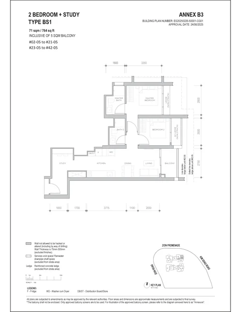 Promenade Peak floor plan, Type BS1 (Promenade Collection): 2 bedrooms + study, 71 sq m (764 sq ft) including a 5 sq m balcony, 40 homes in stack 05, 2nd to 21st and 23rd to 42nd storey (developer drawing with key plan)