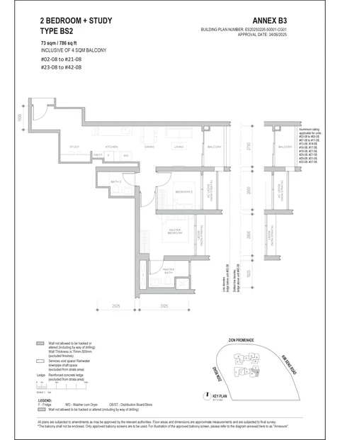 Promenade Peak floor plan, Type BS2 (Promenade Collection): 2 bedrooms + study, 73 sq m (786 sq ft) including a 4 sq m balcony, 40 homes in stack 08, 2nd to 21st and 23rd to 42nd storey (developer drawing with key plan)