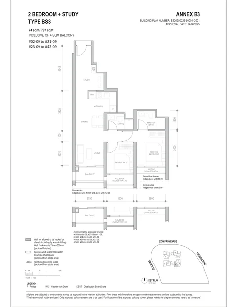 Promenade Peak floor plan, Type BS3 (Promenade Collection): 2 bedrooms + study, 74 sq m (797 sq ft) including a 4 sq m balcony, 40 homes in stack 09, 2nd to 21st and 23rd to 42nd storey (developer drawing with key plan)
