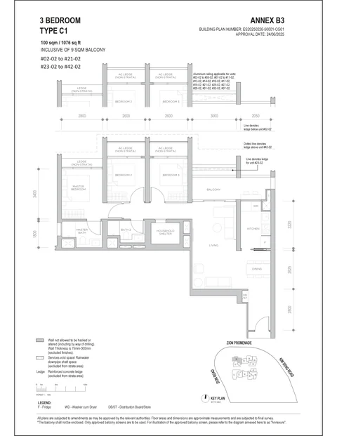 Promenade Peak floor plan, Type C1 (Promenade Collection): 3 bedrooms, 100 sq m (1,076 sq ft) including a 9 sq m balcony, 40 homes in stack 02, 2nd to 21st and 23rd to 42nd storey (developer drawing with key plan)