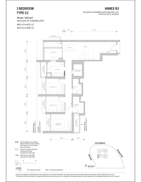 Promenade Peak floor plan, Type C2 (Promenade Collection): 3 bedrooms, 96 sq m (1,033 sq ft) including a 6 sq m balcony, 40 homes in stack 12, 2nd to 21st and 23rd to 42nd storey (developer drawing with key plan)