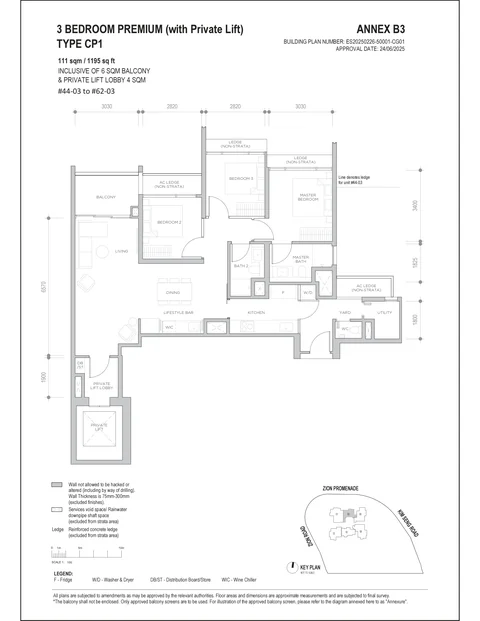 Promenade Peak floor plan, Type CP1 (Promenade Suites): 3 bedrooms premium, 111 sq m (1,195 sq ft) including a 6 sq m balcony and 4 sq m private lift lobby, 19 homes in stack 03, 44th to 62nd storey (developer drawing with key plan)