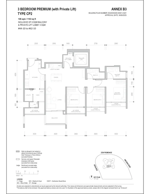 Promenade Peak floor plan, Type CP2 (Promenade Suites): 3 bedrooms premium, 108 sq m (1,163 sq ft) including a 6 sq m balcony and 3 sq m private lift lobby, 19 homes in stack 10, 44th to 62nd storey (developer drawing with key plan)
