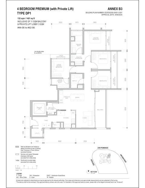 Promenade Peak floor plan, Type DP1 (Promenade Suites): 4 bedrooms premium, 132 sq m (1,421 sq ft) including a 11 sq m balcony and 3 sq m private lift lobby, 19 homes in stack 06, 44th to 62nd storey (developer drawing with key plan)