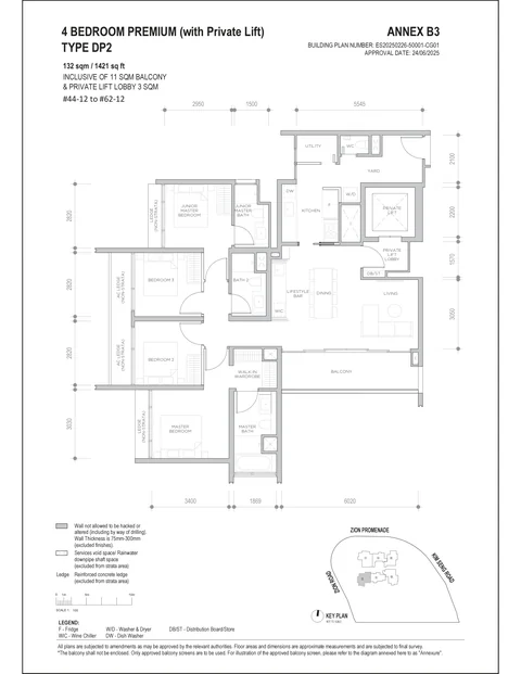 Promenade Peak floor plan, Type DP2 (Promenade Suites): 4 bedrooms premium, 132 sq m (1,421 sq ft) including a 11 sq m balcony and 3 sq m private lift lobby, 19 homes in stack 12, 44th to 62nd storey (developer drawing with key plan)