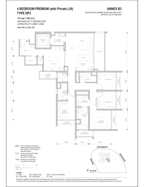 Promenade Peak floor plan, Type DP3 (Promenade Suites): 4 bedrooms premium, 147 sq m (1,582 sq ft) including a 11 sq m balcony and 4 sq m private lift lobby, 19 homes in stack 08, 44th to 62nd storey (developer drawing with key plan)