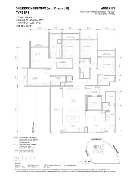 Promenade Peak floor plan, Type EP1 (Promenade Suites): 5 bedrooms premium, 175 sq m (1,884 sq ft) including a 16 sq m balcony and 3 sq m private lift lobby, 19 homes in stack 01, 44th to 62nd storey (developer drawing with key plan)