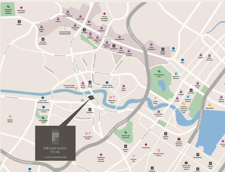 Promenade Peak location map (developer drawing): 1 Zion Promenade between the Singapore River, Great World and Havelock, with Orchard Road, the Civic District and the Central Business District