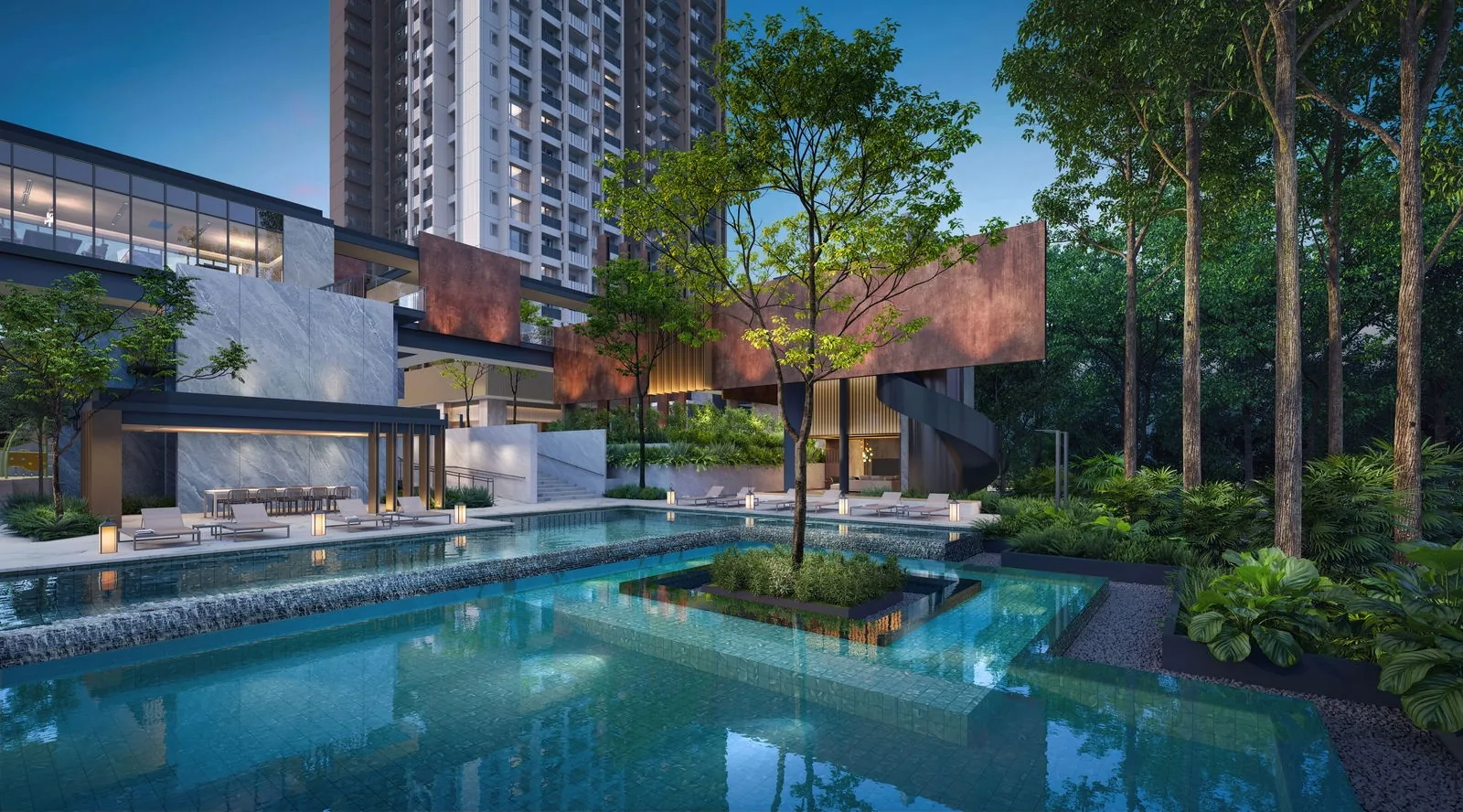 Promenade Peak, artist’s impression: the Play Pool of the Grand Promenade, a tree on an island in the water, with a lit pavilion and the tower behind