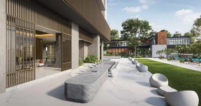 Promenade Peak, artist’s impression: the Promenade Bar beside the lawn, a stone counter with seats under the tower and the gardens beyond