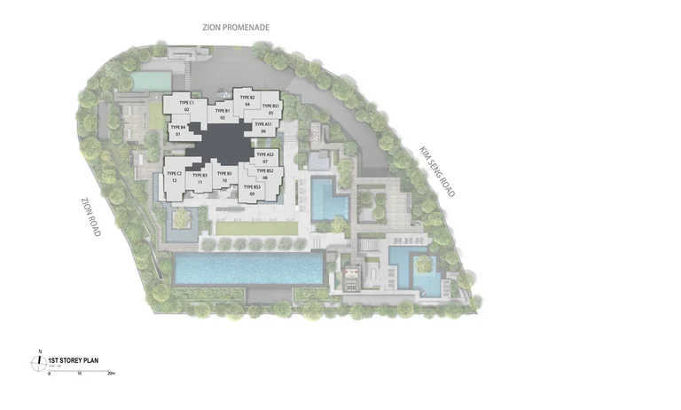 Promenade Peak key plan of the Promenade Collection (developer drawing): the twelve homes of a typical floor between the 2nd and 42nd storeys, by type and stack, over the first-storey site plan