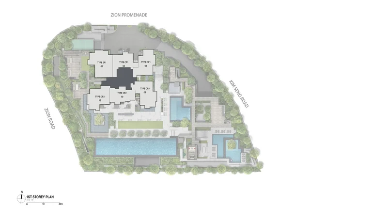 Promenade Peak key plan of the Promenade Suites (developer drawing): the six homes of a typical floor between the 44th and 62nd storeys, by type and stack, over the first-storey site plan