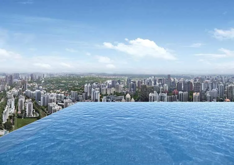 Promenade Peak, artist’s impression: the view from the Sky Lounge across an infinity edge to the green city below