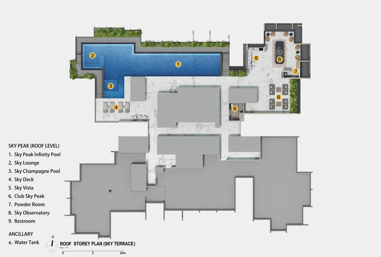 Promenade Peak roof storey plan, the Sky Peak (developer drawing): infinity pool, sky lounge, champagne pool, sky deck, sky vista, Club Sky Peak and sky observatory
