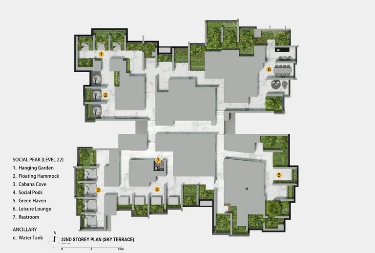 Promenade Peak 22nd storey plan, the Social Peak sky terrace (developer drawing): hanging garden, floating hammock, cabana cove, social pods, green haven and leisure lounge