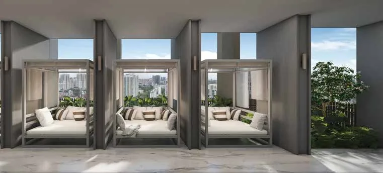 Promenade Peak, artist’s impression: the Cabana Cove of the Social Peak, three daybed cabanas looking out over the city