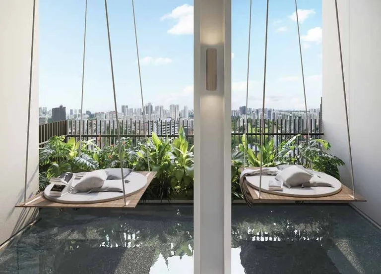 Promenade Peak, artist’s impression: the floating hammocks of the Social Peak on the 22nd storey, two round seats hung above a reflecting pool