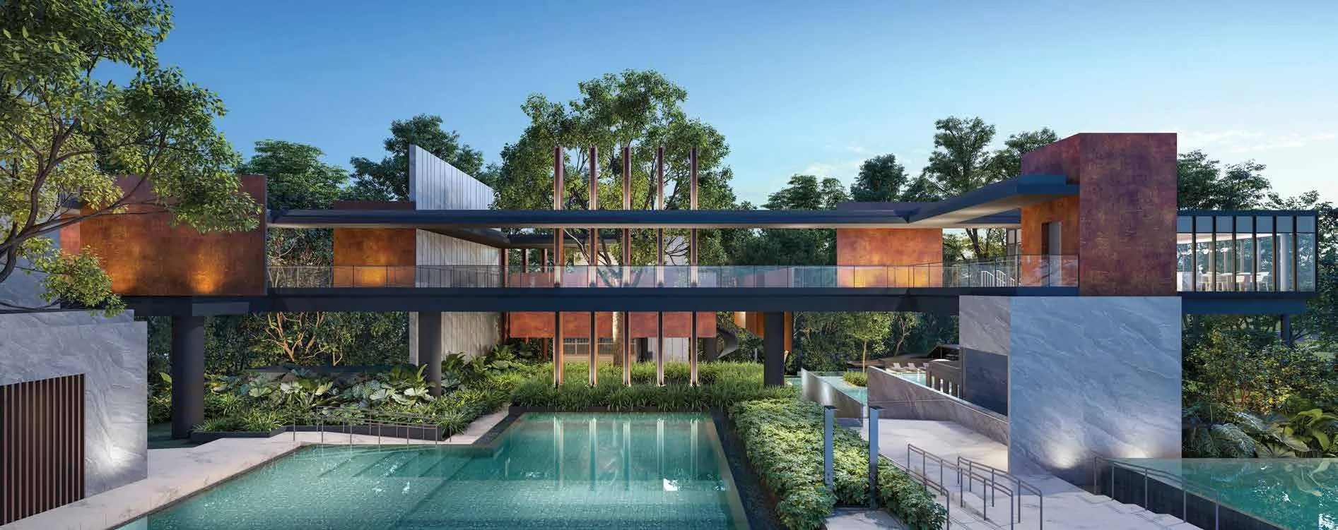 Promenade Peak, artist’s impression: the Spa Cove at dusk, a pool and stone deck with loungers below a long garden pavilion planted on its roof