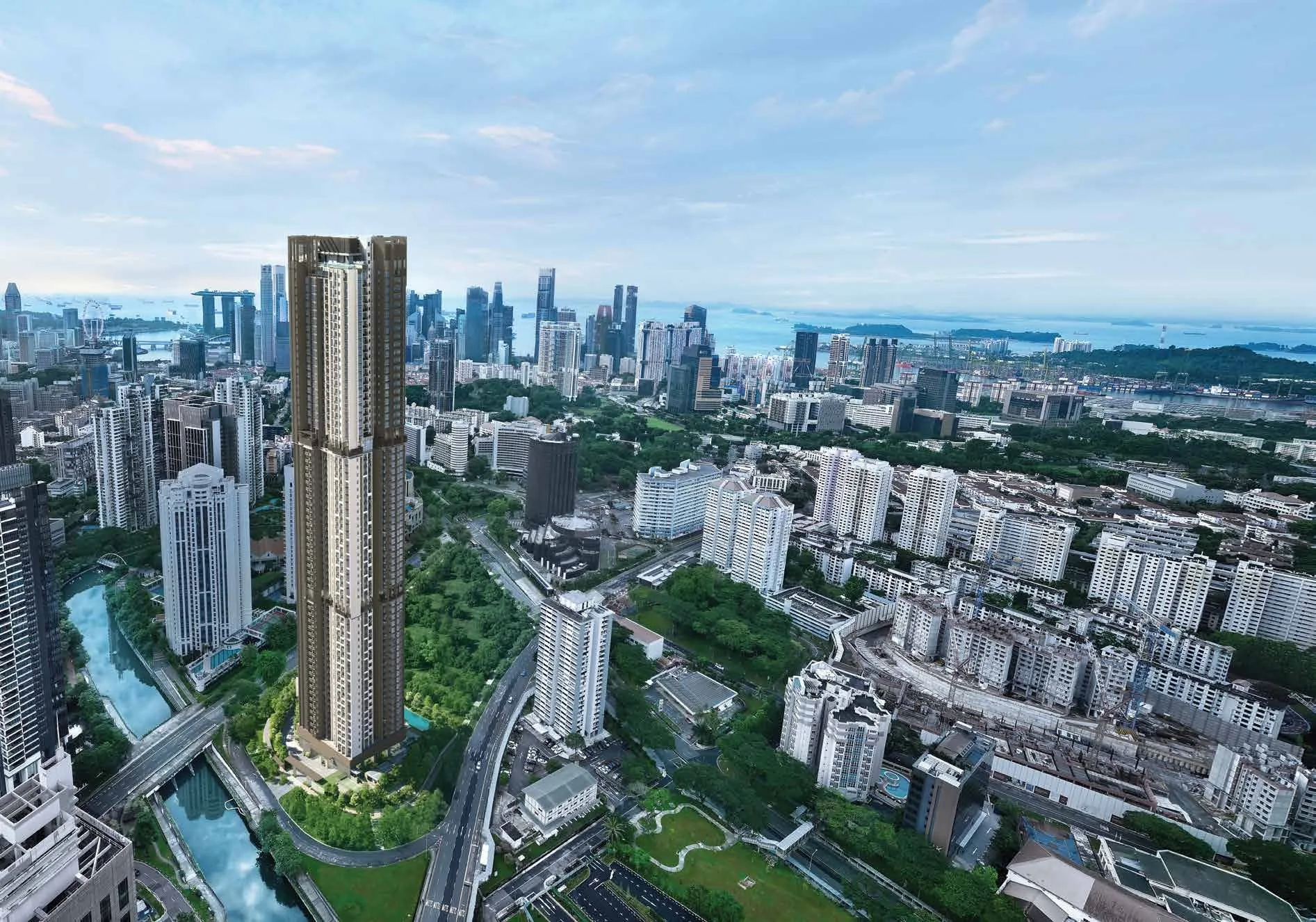 Promenade Peak, artist’s impression: the 63-storey tower rising beside the Singapore River at Zion Road, seen from above, with Great World, the river and the city towers beyond