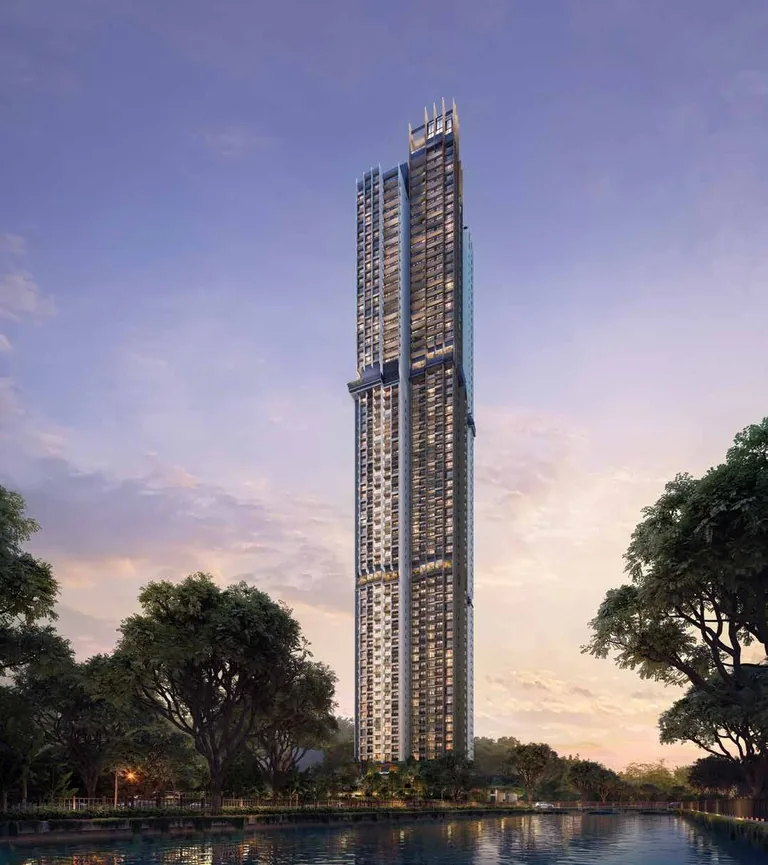 Promenade Peak, artist’s impression: the tower at dusk, lit from within, rising above the trees at the edge of the river