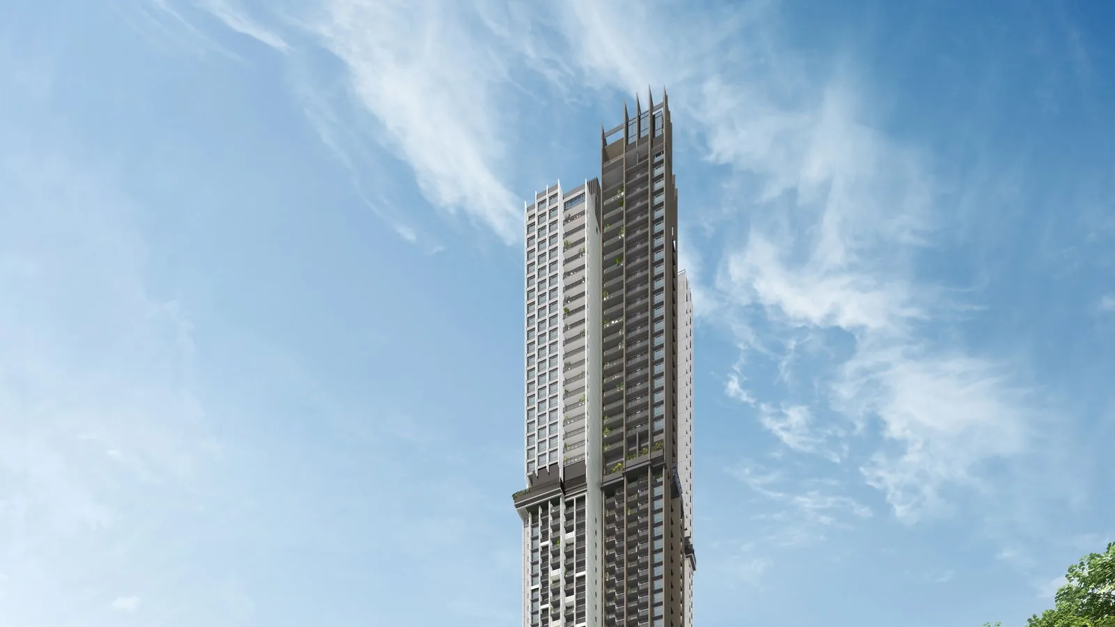 Promenade Peak, artist’s impression: the upper storeys of the tower and the open frame of the Sky Peak crown against a blue sky